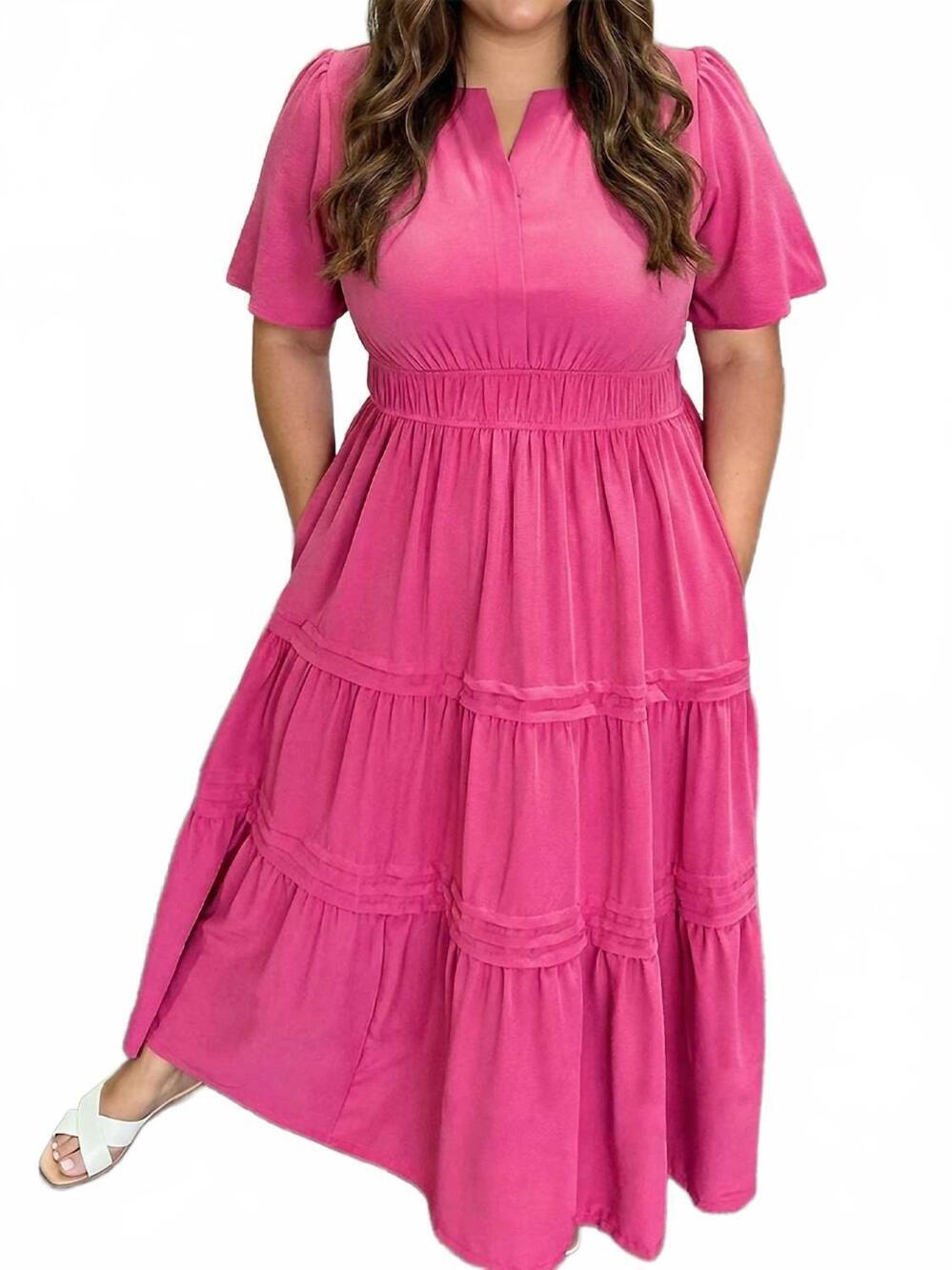 NEW 1 THE WOMAN split neck short sleeve flare tiered maxi dress - plus in pink